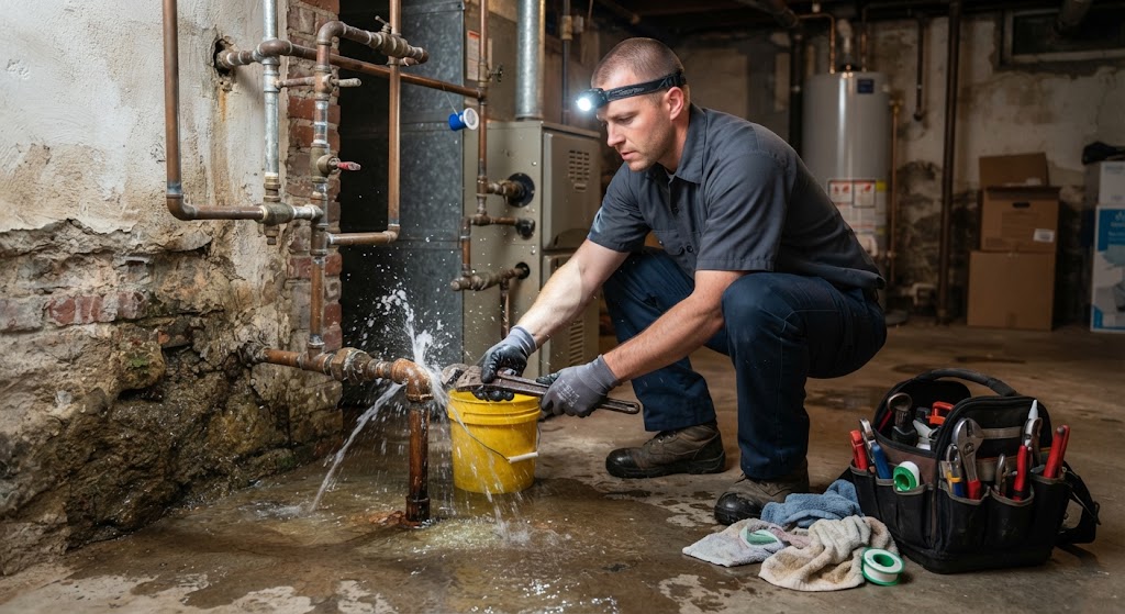 Specialist using acoustic water leak detection equipment in New Jersey property