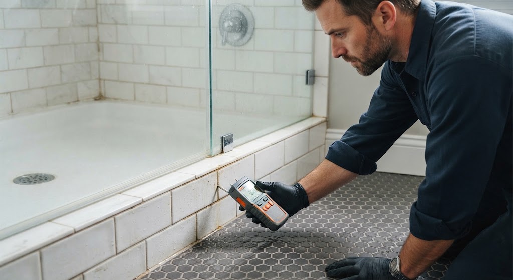 Technician inspecting residential water line in Central New Jersey