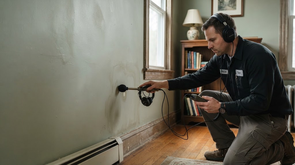 Acoustic ground sensor detecting water leak in South Jersey residential yard